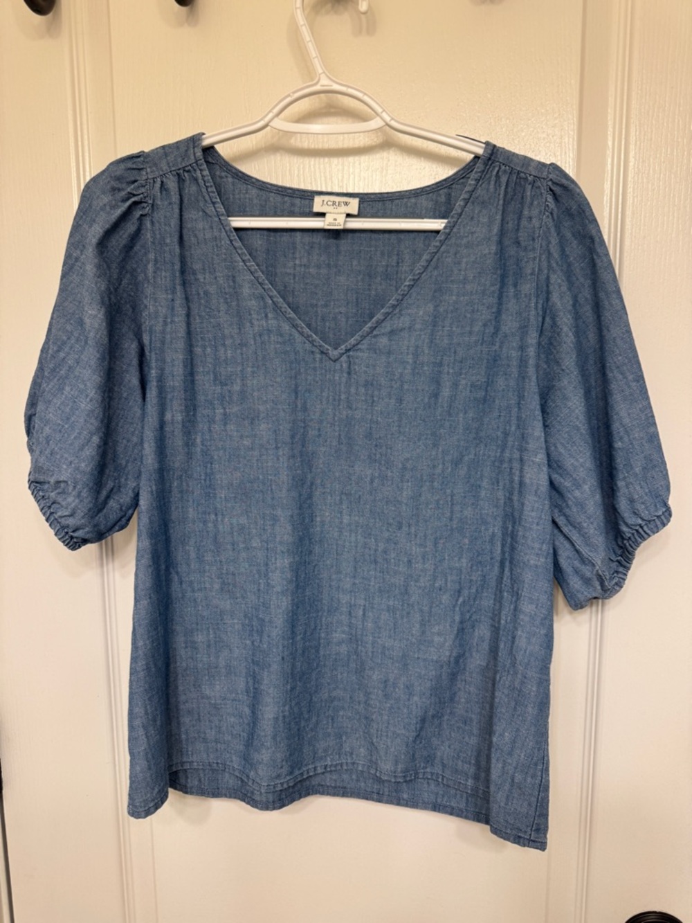 J. Crew Chambray V-Neck Puff Sleeve Top in Light Denim Blue
